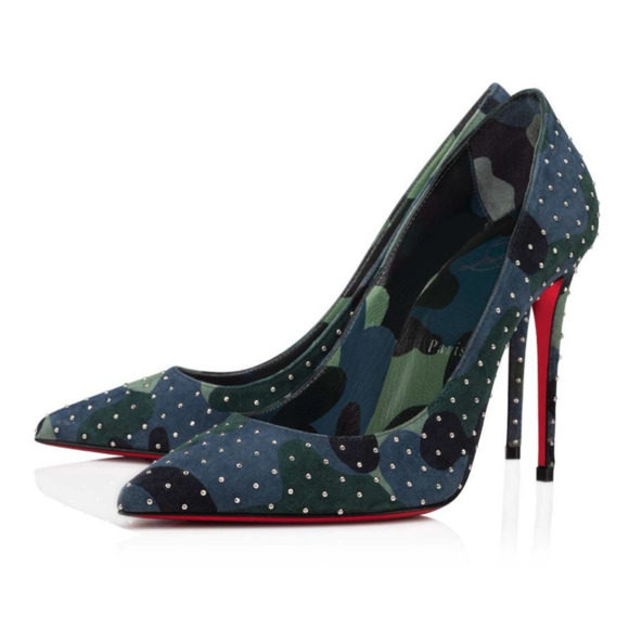 Christian Louboutin Kate Plume 100 Camo Blue Green Suede Classic Heel Pump 38.5 - Picture 1 of 12